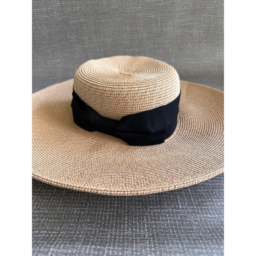 Nordstrom Rack Wide Brim Straw Boater Hat Tan Black Ribbon Bow Sun Hat NRK11677